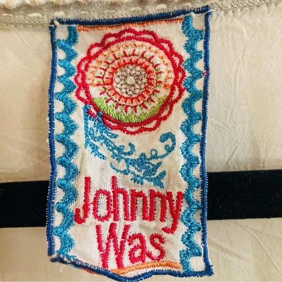 JOHNNY WAS Sz L 100% Cupro Rayon Embroidered Trim Semi Sheer Cream Blouse - Picture 10 of 12